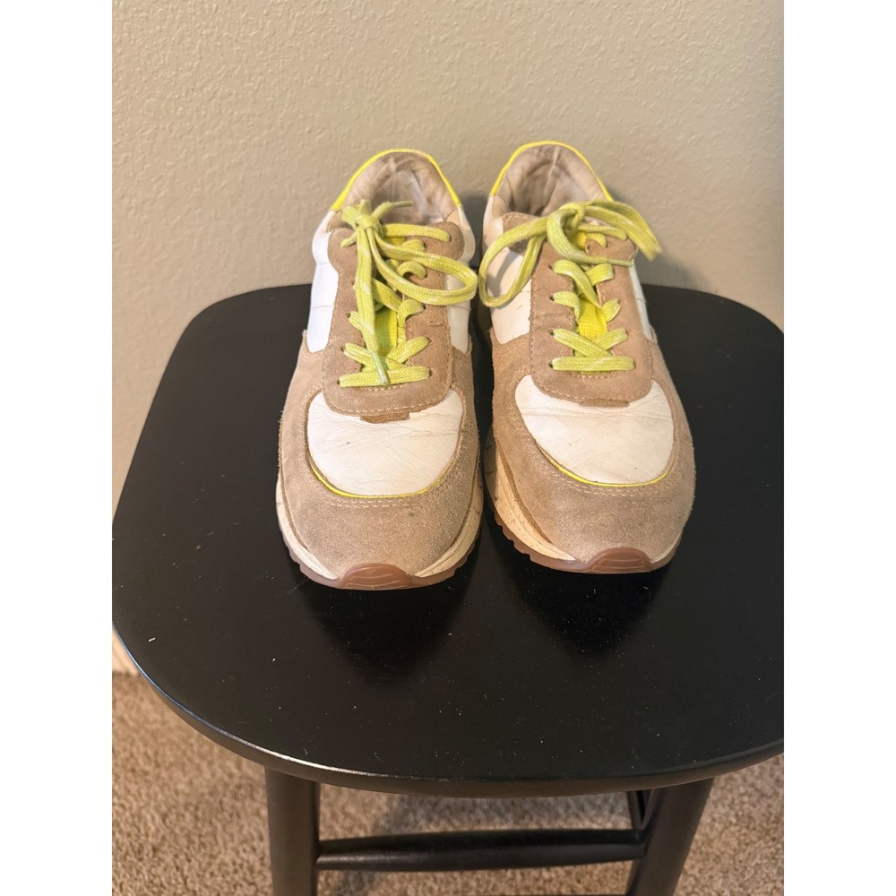 Madewell MWL Kickoff Trainer Sneakers White Tan Neon Yellow Leather Suede SZ 7M - Picture 2 of 9